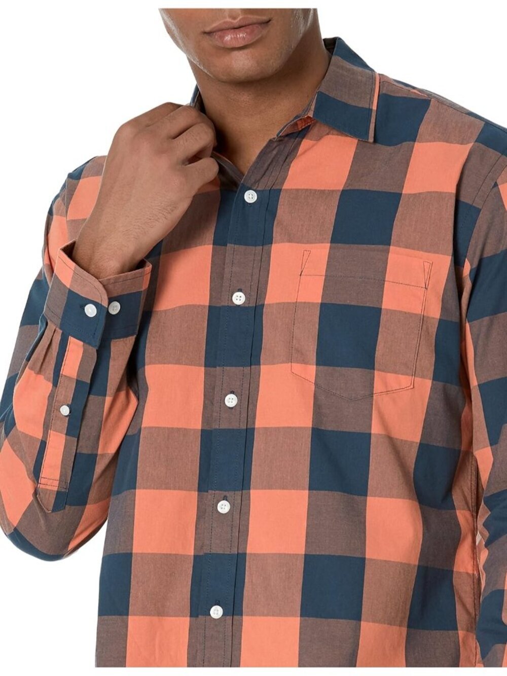 Men's Navy Orange Buffalo 100% Cotton Imported Long-Sleeve Casual Poplin Shirt - Picture 4 of 5